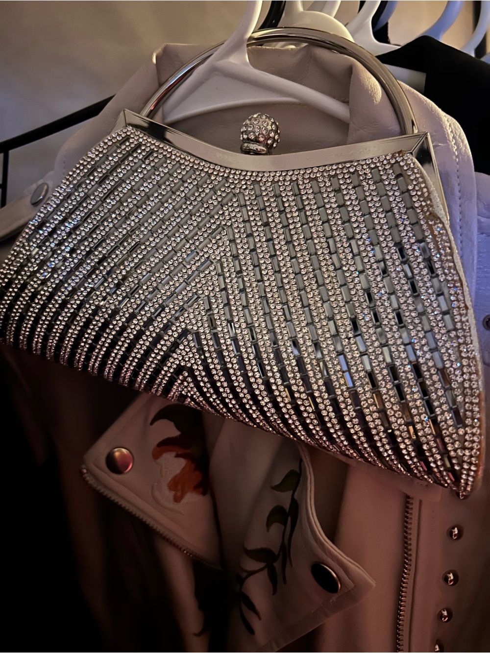 Vintage Silver Rhinestone Evening Clutch with Chain